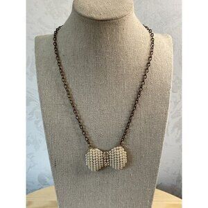etc! Signed Copper Tone Chain Faux Pearl Clear Rhinestone Bowtie Necklace